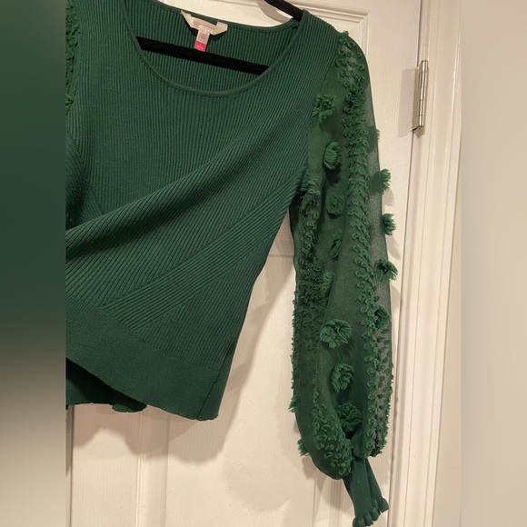 No Boundaries Green Ribbed Knit Sheer Puff Ruffle Embroidered Sleeve Size L - Picture 6 of 11
